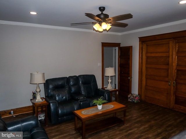 731 W Main St, Leesport, PA 19533 - living room with a ceiling fan, wood finished floors, ornamental molding, and recessed lighting