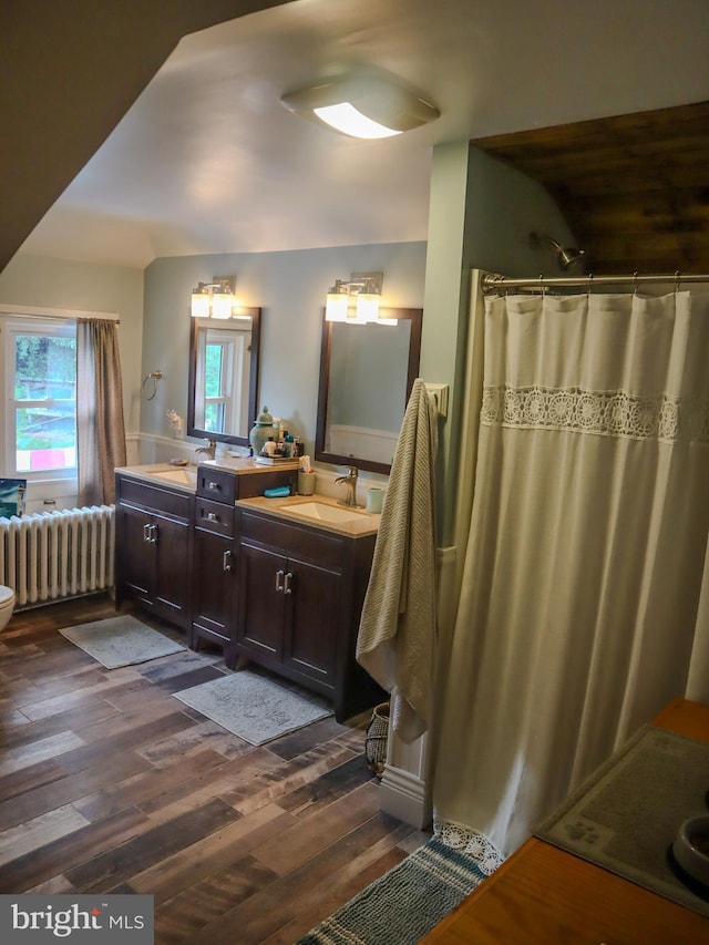 731 W Main St, Leesport, PA 19533 - bathroom with radiator heating unit, wood finished floors, double vanity, and a shower with shower curtain