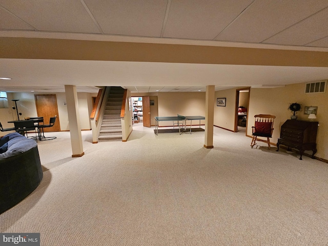 27 Arnold Dr, Princeton Junction, NJ 08550 - finished below grade area with carpet flooring, a drop ceiling, and stairs