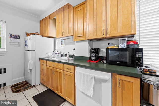 2707 Kildaire Dr, Baltimore, MD 21234 - kitchen with white appliances, dark countertops, crown molding, a sink, and radiator