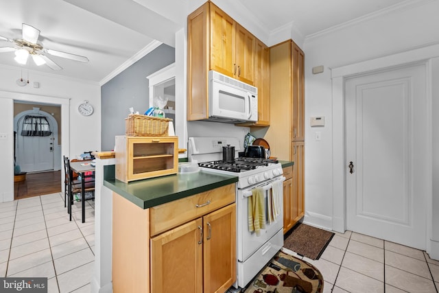 2707 Kildaire Dr, Baltimore, MD 21234 - kitchen with white appliances, light tile patterned floors, a ceiling fan, crown molding, and dark countertops