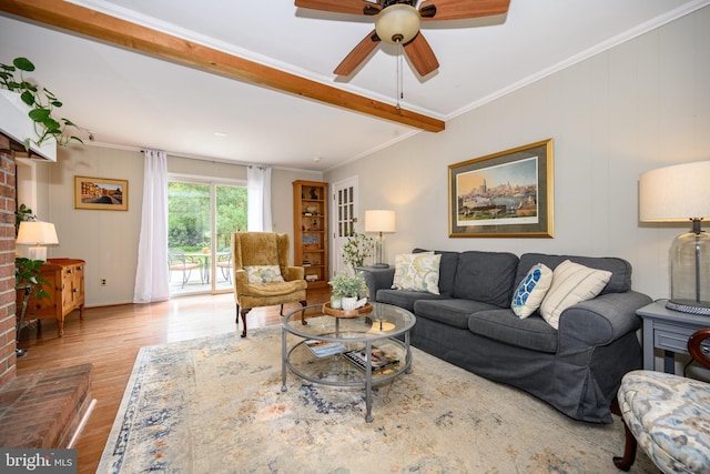 12 Hatsawap Rd, Cambridge, MD 21613 - living area featuring a ceiling fan, wood finished floors, and ornamental molding