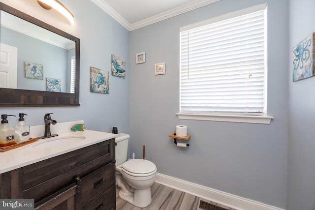 2200 Summerdale Ln, Linfield, PA 19468 - bathroom with toilet, vanity, wood finished floors, crown molding, and baseboards