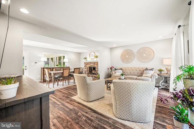 1576 Delong Dr, Downingtown, PA 19335 - living area featuring dark wood-type flooring, a fireplace, and recessed lighting