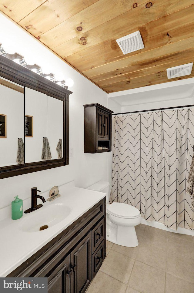 102 Radcliffe Ave, Reading, PA 19609 - bathroom with wooden ceiling, vanity, tile patterned floors, toilet, and a shower with curtain
