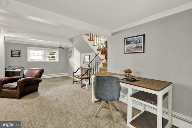 102 Radcliffe Ave, Reading, PA 19609 - carpeted office space featuring ornamental molding, a baseboard heating unit, baseboards, and a baseboard radiator