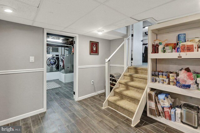 102 Radcliffe Ave, Reading, PA 19609 - stairway with washer and dryer, baseboards, a paneled ceiling, wood finished floors, and recessed lighting