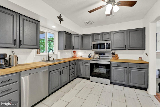 102 Radcliffe Ave, Reading, PA 19609 - kitchen featuring appliances with stainless steel finishes, wooden counters, gray cabinets, and a sink