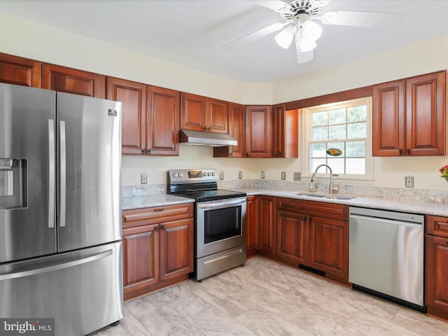 1204 S Fork Dr, Front Royal, VA 22630 - kitchen featuring stainless steel appliances, a sink, under cabinet range hood, and ceiling fan