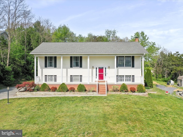 1204 S Fork Dr, Front Royal, VA 22630 - bi-level home featuring a chimney, a porch, and a front lawn