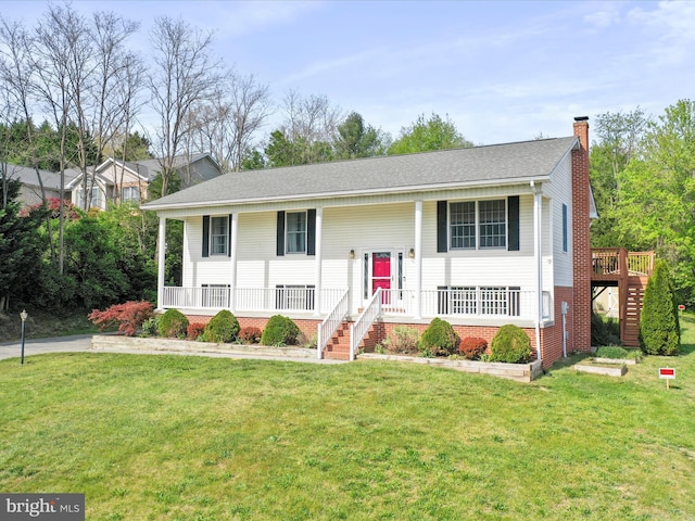 1204 S Fork Dr, Front Royal, VA 22630 - raised ranch featuring covered porch, a chimney, and stairway