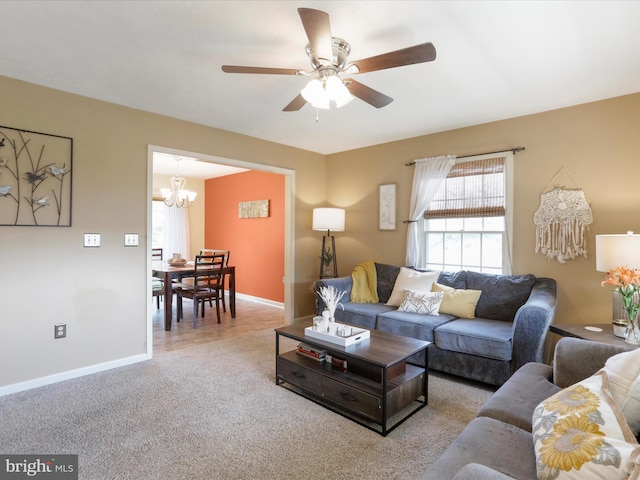 1204 S Fork Dr, Front Royal, VA 22630 - living room with a chandelier, carpet floors, a ceiling fan, and baseboards