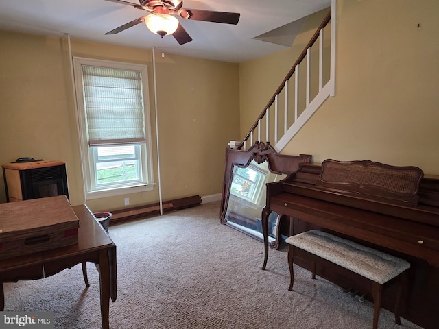 120 S Morwood Ave, Reading, PA 19609 - sitting room featuring a ceiling fan, carpet flooring, stairs, and baseboards