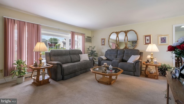 126 Heartwood Rd, Levittown, PA 19056 - living room with carpet floors, a baseboard radiator, and an AC wall unit