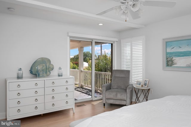 32-B Long Beach Blvd, Long Beach Township, NJ 08008 - bedroom featuring access to outside, wood finished floors, beam ceiling, a ceiling fan, and recessed lighting