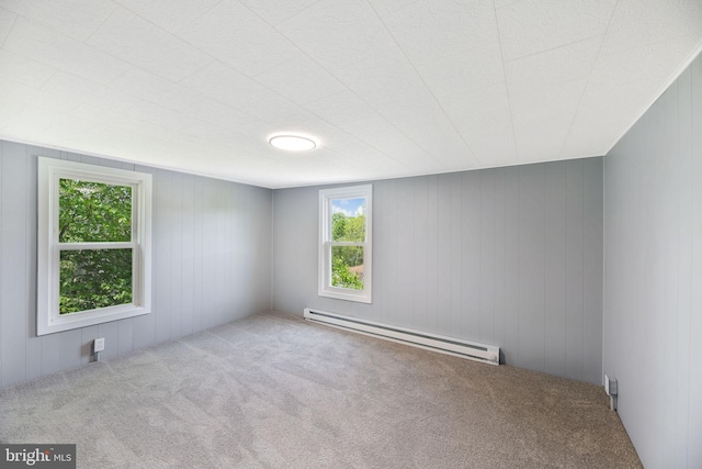 223 One Mile Run Rd, Philipsburg, PA 16866 - empty room featuring a baseboard heating unit, carpet, and wood walls