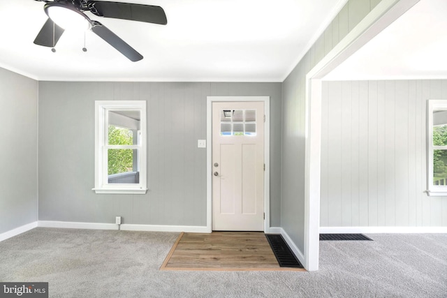 223 One Mile Run Rd, Philipsburg, PA 16866 - foyer entrance with carpet flooring, plenty of natural light, baseboards, a ceiling fan, and wooden walls