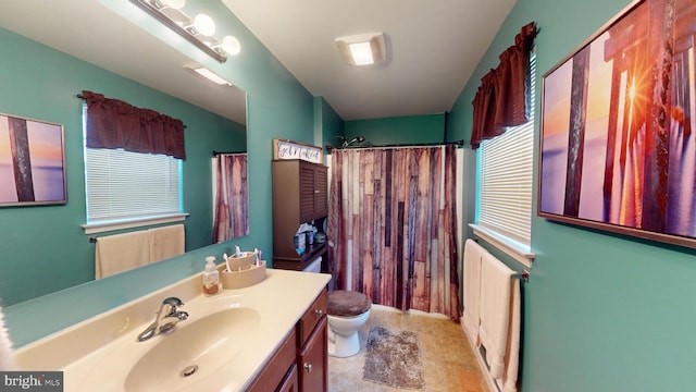 69 Geisinger Ln, Lewistown, PA 17044 - bathroom with toilet, vanity, curtained shower, and radiator heating unit