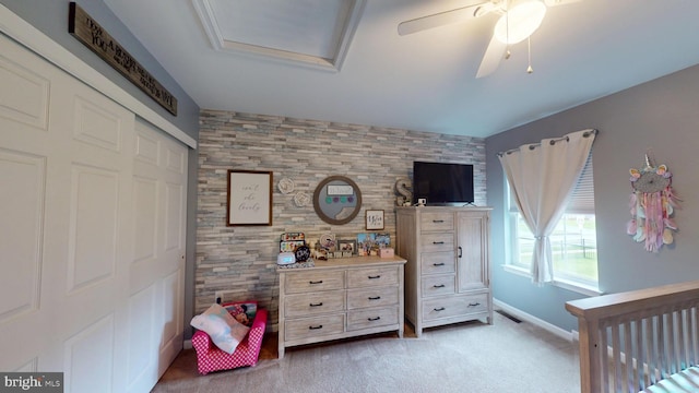 69 Geisinger Ln, Lewistown, PA 17044 - bedroom with carpet floors, a closet, an accent wall, a ceiling fan, and attic access