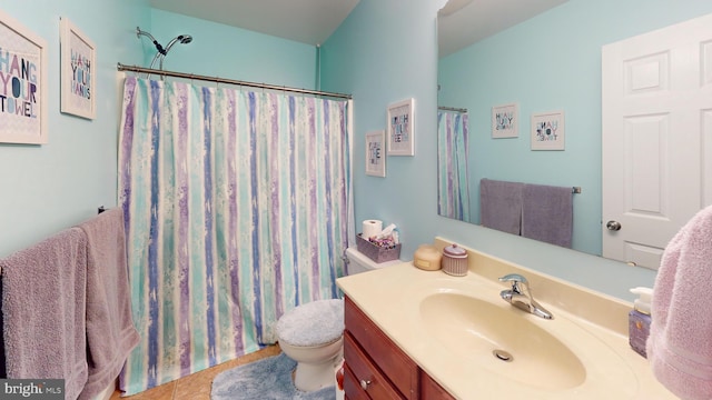 69 Geisinger Ln, Lewistown, PA 17044 - bathroom featuring vanity, toilet, tile patterned flooring, and curtained shower