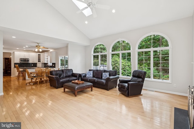2 Teaberry Ct, Shamong, NJ 08088 - living room featuring a ceiling fan, high vaulted ceiling, light wood-type flooring, and recessed lighting