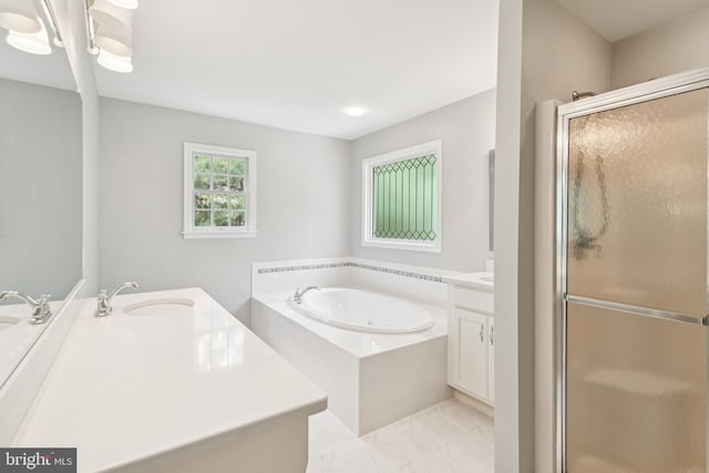 2 Teaberry Ct, Shamong, NJ 08088 - bathroom with vanity, a stall shower, a garden tub, marble look tiles, and recessed lighting
