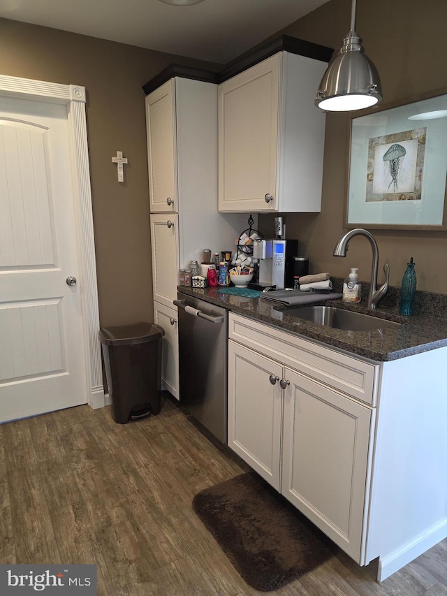 367 Dock Rd, West Creek, NJ 08092 - kitchen with dishwasher, a sink, dark wood finished floors, and white cabinetry