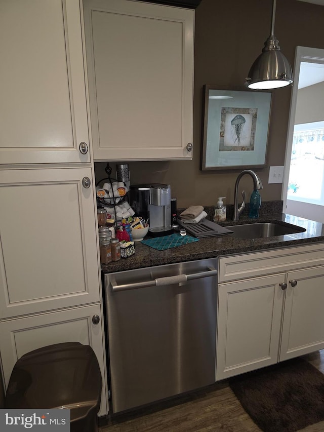 367 Dock Rd, West Creek, NJ 08092 - kitchen featuring dishwasher, a sink, white cabinets, and dark stone counters