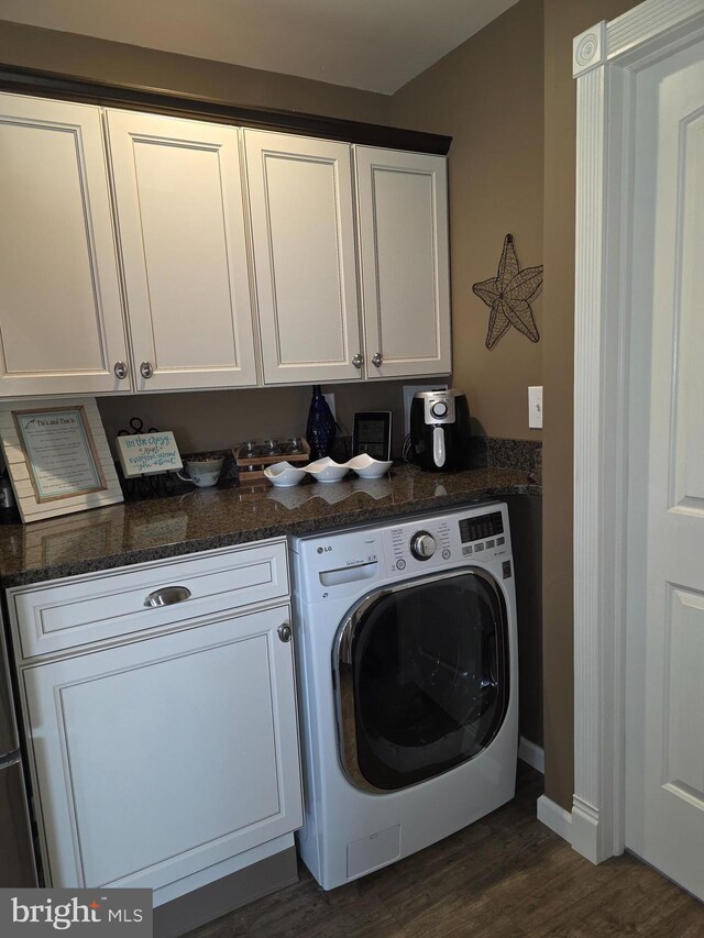 367 Dock Rd, West Creek, NJ 08092 - laundry area featuring washer / dryer, cabinet space, dark wood-style floors, and baseboards