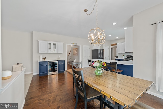 6 Falcon Cir, Lebanon, PA 17042 - dining room with beverage cooler, dark wood-style floors, recessed lighting, a bar, and a chandelier