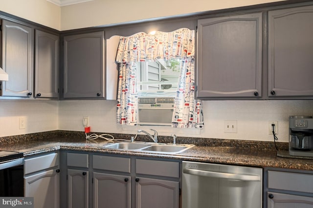 108 Oakmont Cir, Winchester, VA 22602 - kitchen featuring stainless steel dishwasher, dark countertops, gray cabinetry, and ornamental molding