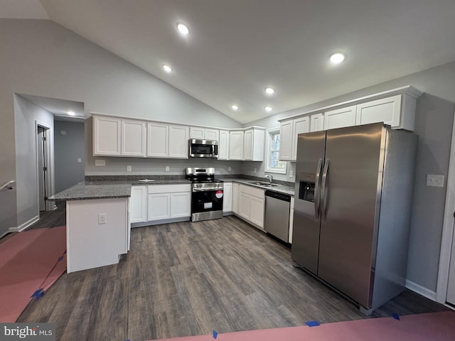 230 Spring Hollow Rd, Front Royal, VA 22630 - kitchen with stainless steel appliances, white cabinets, dark wood-style floors, high vaulted ceiling, and recessed lighting