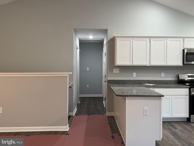 230 Spring Hollow Rd, Front Royal, VA 22630 - kitchen with stainless steel appliances, dark wood-style floors, white cabinetry, and vaulted ceiling