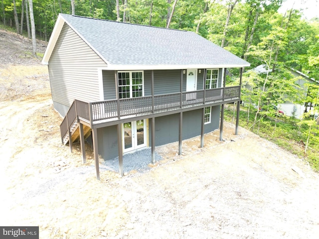 230 Spring Hollow Rd, Front Royal, VA 22630 - view of front facade featuring a shingled roof, a wooden deck, stairs, and french doors