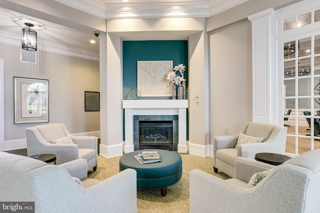 20620 Hope Spring Ter Unit 401, Ashburn, VA 20147 - living area with ornamental molding, a fireplace, baseboards, carpet floors, and recessed lighting
