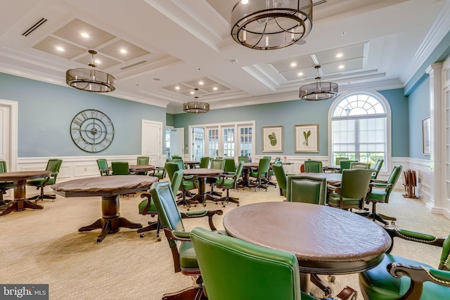 20620 Hope Spring Ter Unit 401, Ashburn, VA 20147 - carpeted dining area featuring coffered ceiling, a decorative wall, ornamental molding, recessed lighting, and a wainscoted wall