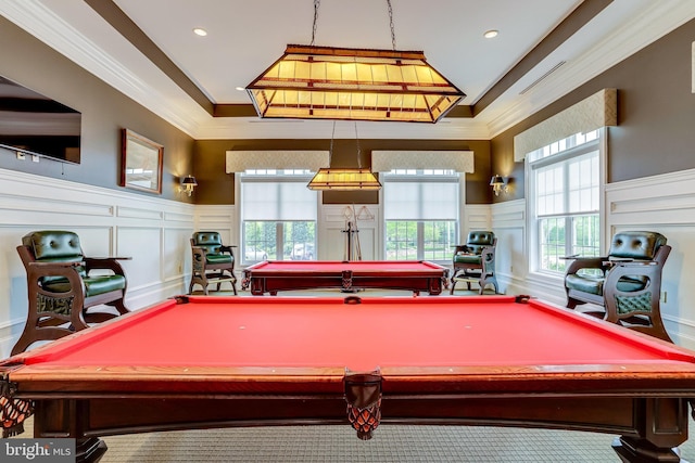 20620 Hope Spring Ter Unit 401, Ashburn, VA 20147 - recreation room featuring billiards, a decorative wall, a wainscoted wall, ornamental molding, and a tray ceiling