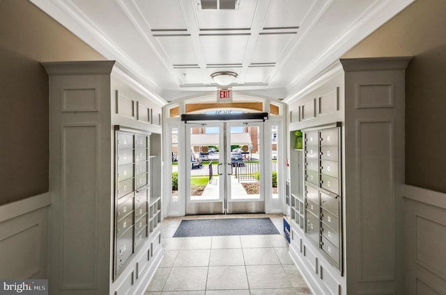 20620 Hope Spring Ter Unit 401, Ashburn, VA 20147 - entryway featuring french doors, coffered ceiling, light tile patterned flooring, mail area, and ornamental molding