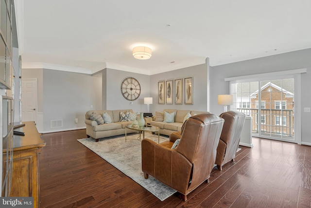 20620 Hope Spring Ter Unit 401, Ashburn, VA 20147 - living area with dark wood-style floors, crown molding, and baseboards