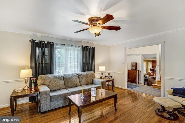 5901 Wivenhoe Ct, Alexandria, VA 22315 - living room with ceiling fan, hardwood / wood-style floors, crown molding, and baseboards