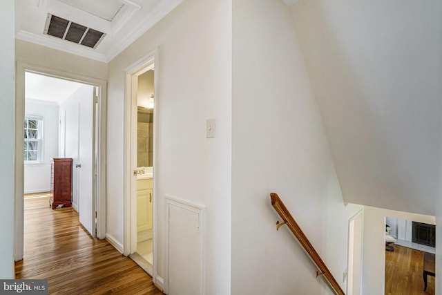 5901 Wivenhoe Ct, Alexandria, VA 22315 - hallway with an upstairs landing, crown molding, wood finished floors, attic access, and baseboards
