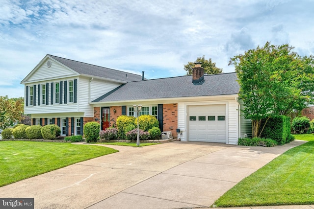 5901 Wivenhoe Ct, Alexandria, VA 22315 - split level home with an attached garage, driveway, brick siding, a front lawn, and a chimney