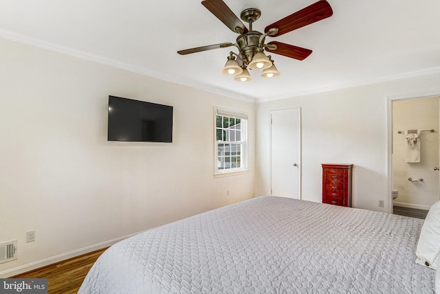 5901 Wivenhoe Ct, Alexandria, VA 22315 - bedroom featuring ornamental molding, wood finished floors, baseboards, ensuite bathroom, and a ceiling fan