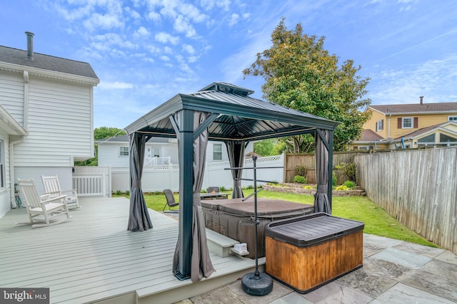 5901 Wivenhoe Ct, Alexandria, VA 22315 - wooden terrace featuring a hot tub, a gazebo, and a fenced backyard