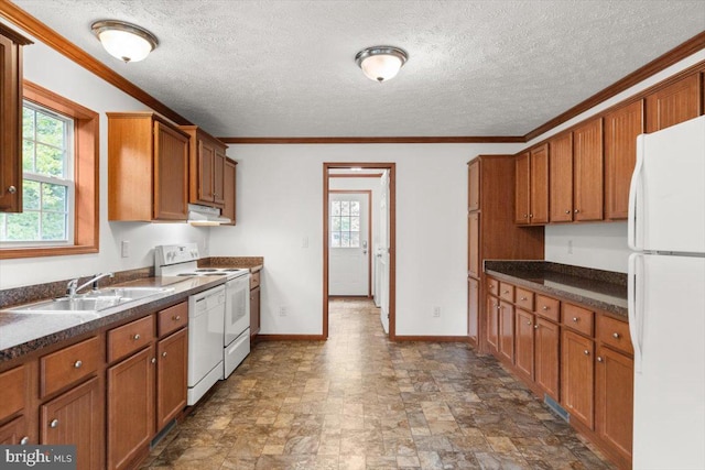 4767 S Ox Rd, Edinburg, VA 22824 - kitchen featuring white appliances, brown cabinets, dark countertops, under cabinet range hood, and crown molding