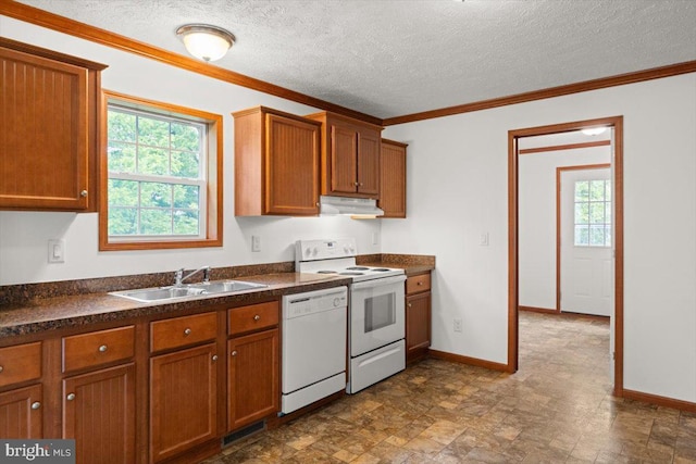 4767 S Ox Rd, Edinburg, VA 22824 - kitchen with white appliances, under cabinet range hood, dark countertops, brown cabinetry, and crown molding