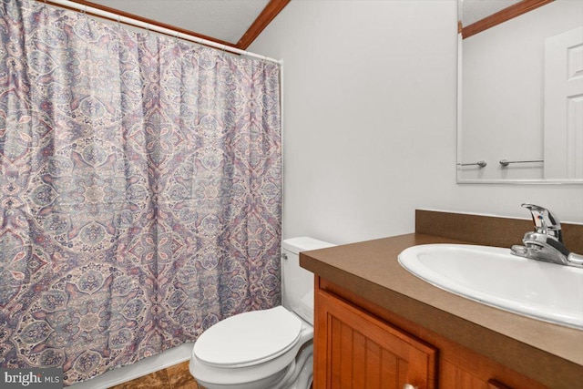 4767 S Ox Rd, Edinburg, VA 22824 - full bathroom featuring vanity, crown molding, and a shower with shower curtain