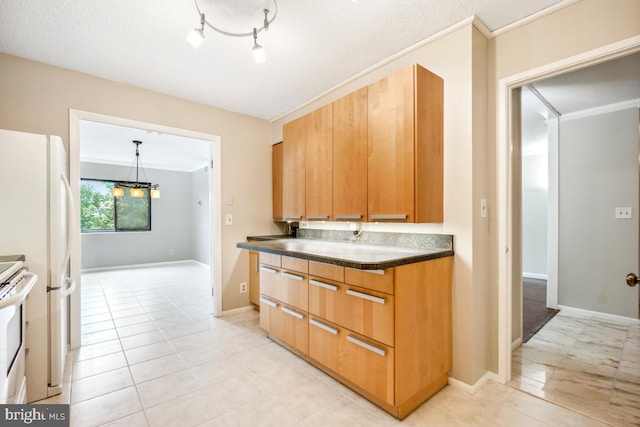 5902 Mount Eagle Dr Unit 718, Alexandria, VA 22303 - kitchen featuring stove, dark countertops, light tile patterned floors, and freestanding refrigerator