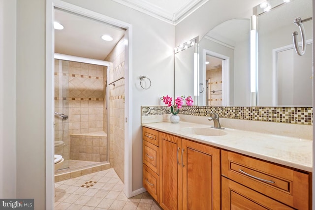 5902 Mount Eagle Dr Unit 718, Alexandria, VA 22303 - bathroom featuring tile patterned flooring, vanity, a stall shower, crown molding, and decorative backsplash