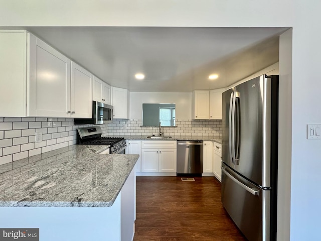 225 N New St, Dover, DE 19904 - kitchen with stainless steel appliances, white cabinetry, dark wood-type flooring, light stone countertops, and recessed lighting